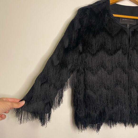 BCBG Max Azria Jaxon Cropped Black Fringe Jacket Medium Party Dressy - Picture 2 of 13